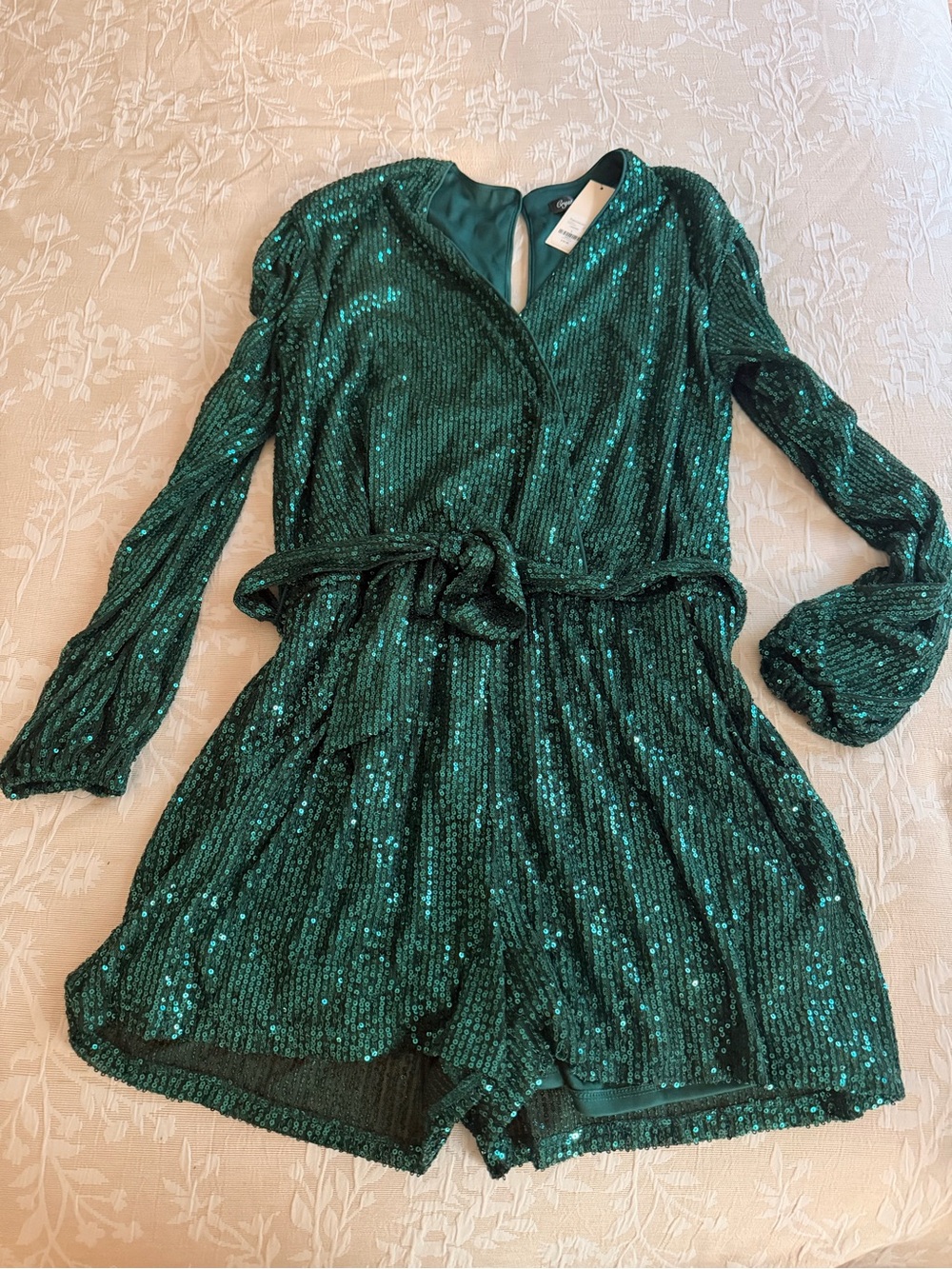 Francesca's Collections Emerald Sequin Long-Sleeve women’s Romper with Tie
